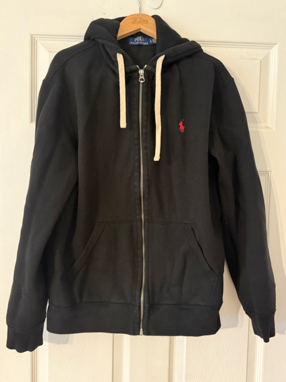 Ralph Lauren Black Zip Hoodie with White Drawstrings and Yellow Label